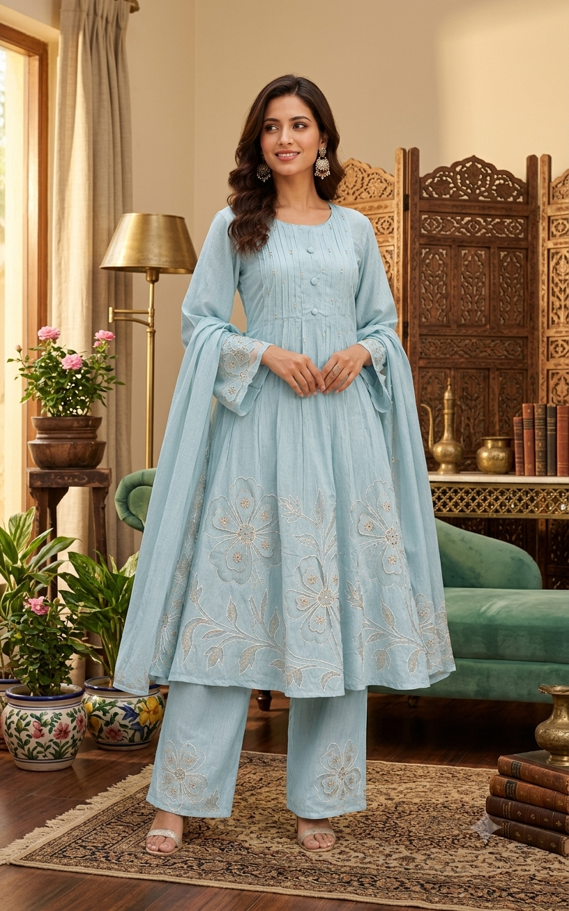 Sky Blue Georgette Embroidered Anarkali Suit Set With Matching Dupatta and Palazzo 11971