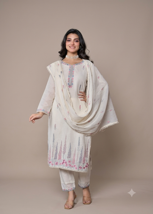 Off-White Embroidered Kurti Set With Dupatta 11647