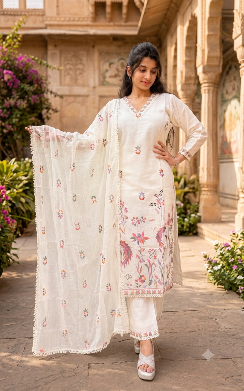 Floral Print White Kurti Set With Embroidered Dupatta 11697