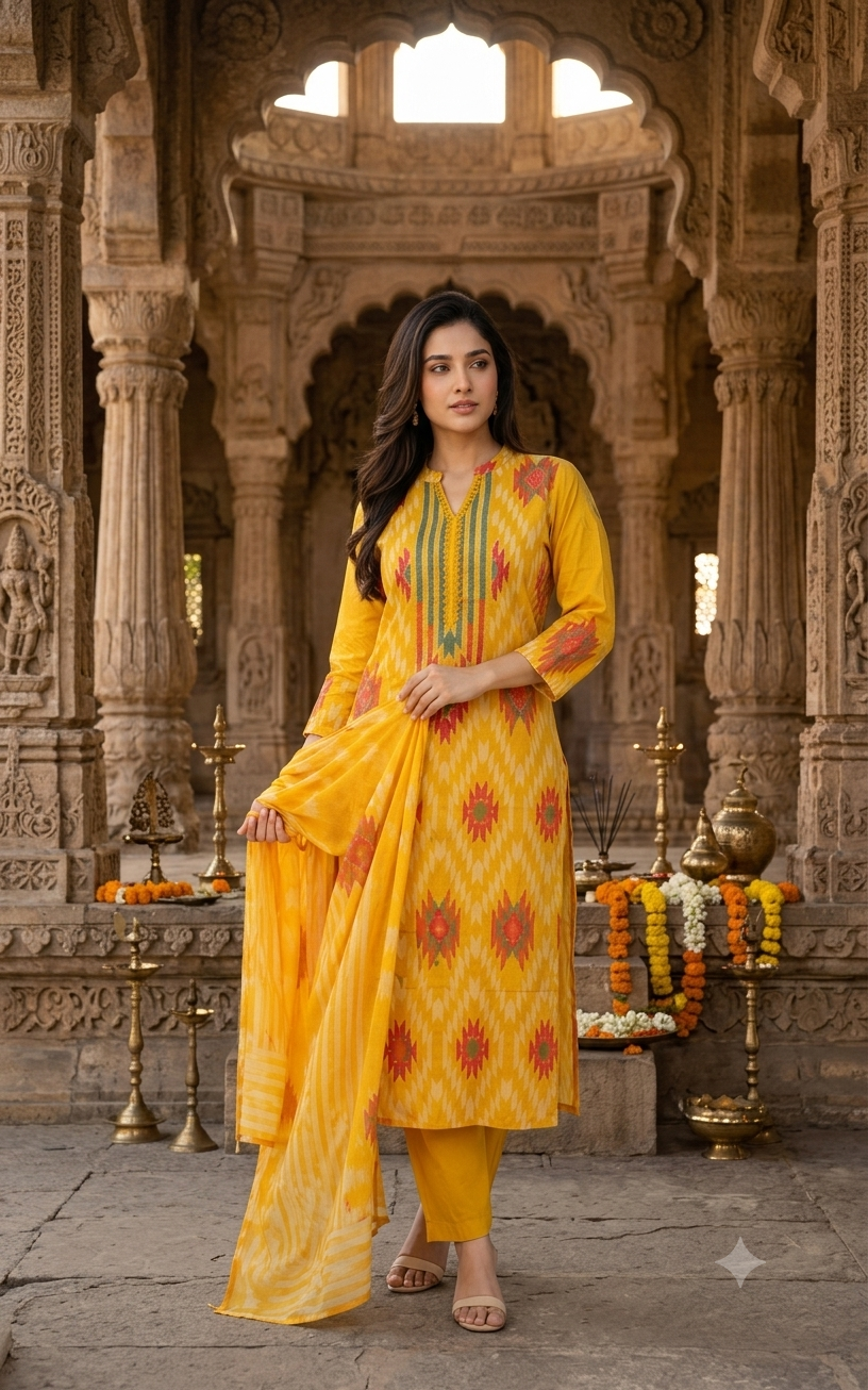 Stunning Yellow Printed Cotton Kurti Set With Dupatta 13265