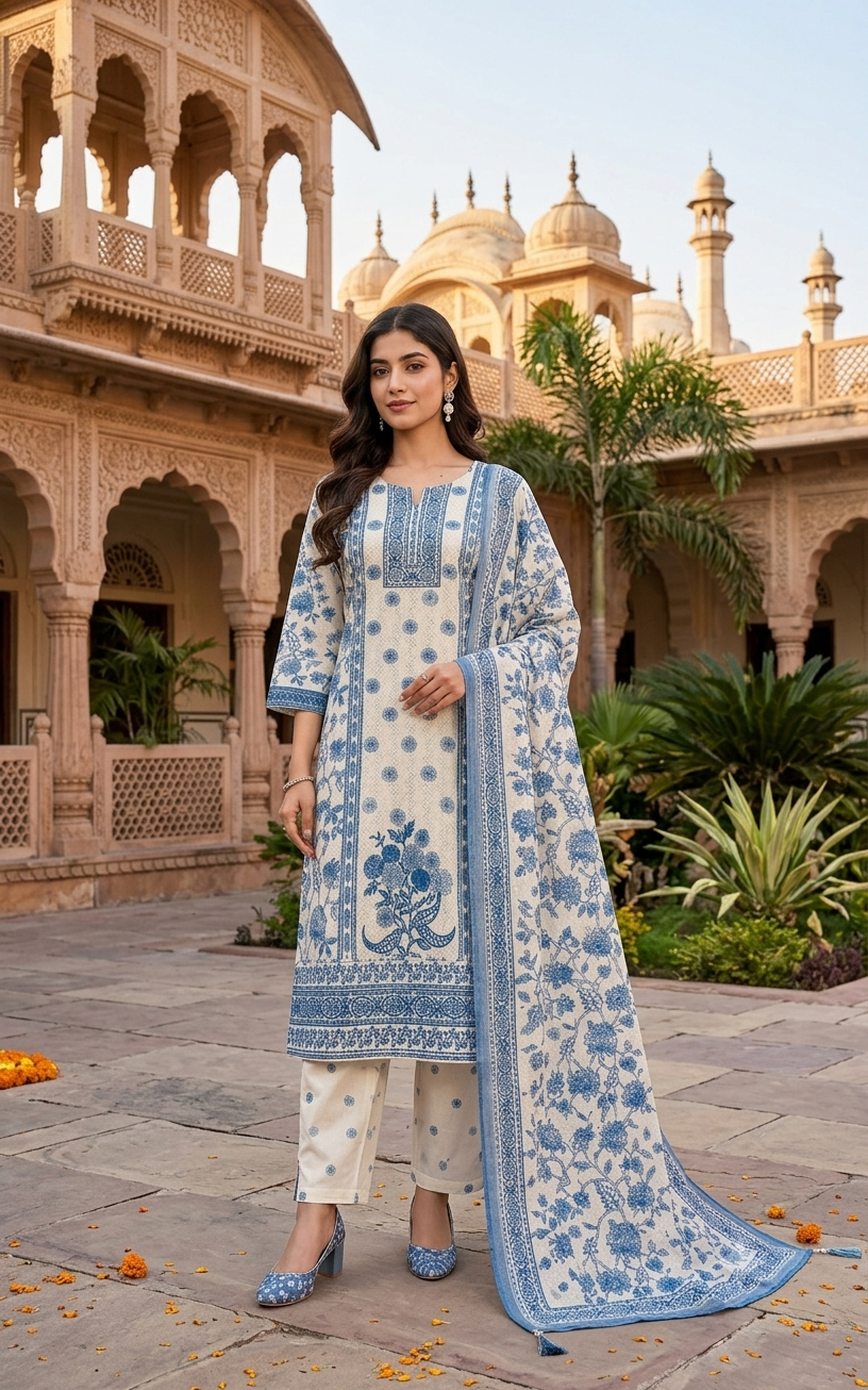 Charming Blue & White Block Print Suit With Floral Dupatta 12930