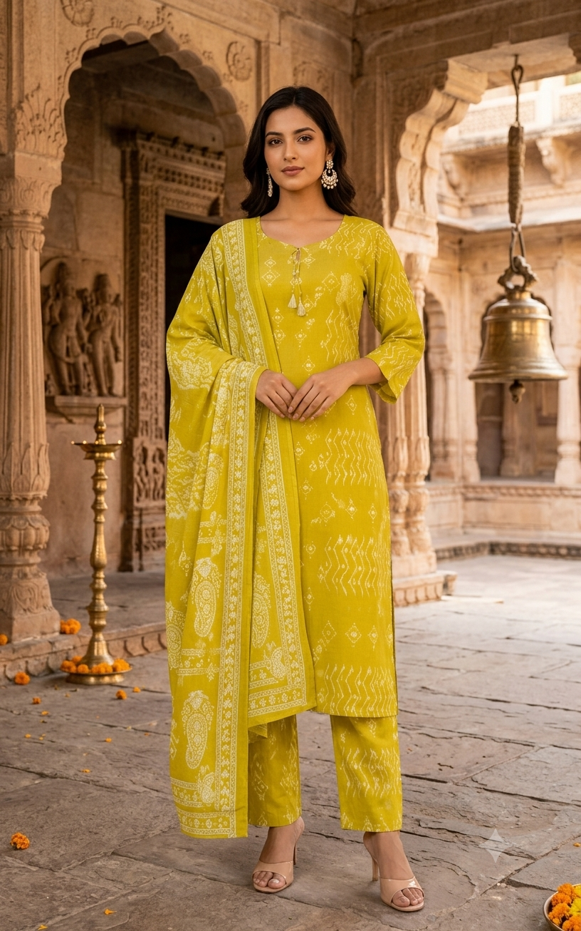 Lime Green Printed Cotton Kurti Set With Dupatta 12771
