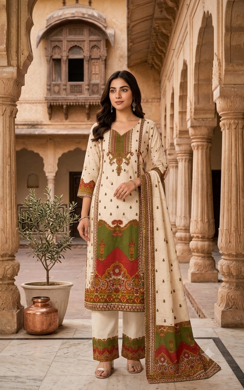 Off-White and Green Printed Cotton Salwar Kameez Suit With Matching Dupatta Set 12620