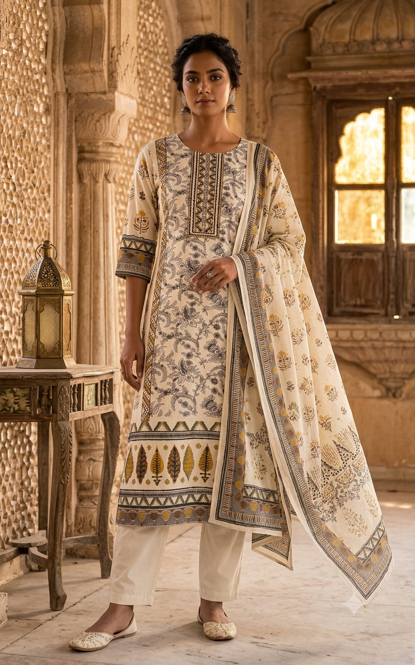 Off-White Cotton Block Print Kurti Pant Set With Matching Dupatta 12591