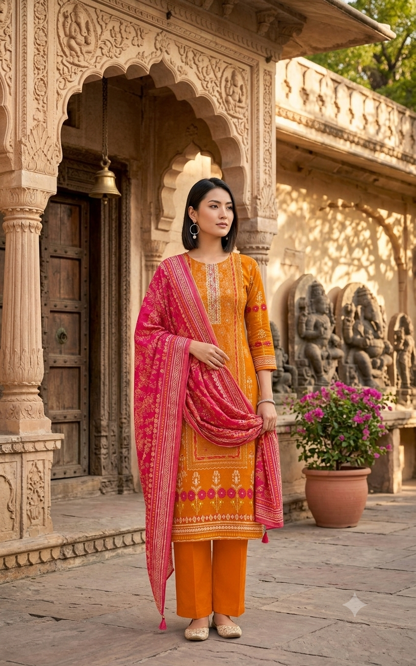 Orange Cotton Printed Kurti Pant Set With Pink Dupatta 12590