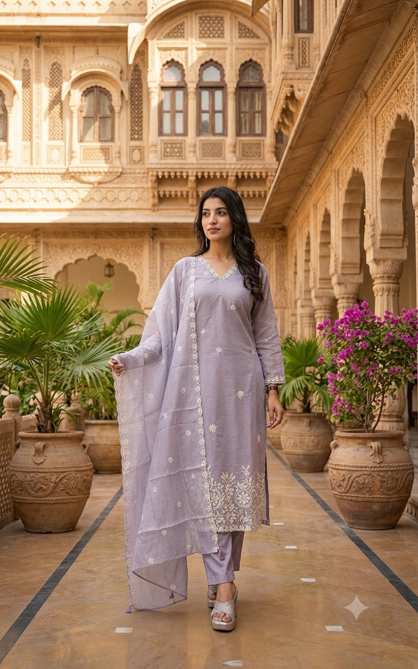 Lavender Embroidered Cotton Kurti Set With Matching Dupatta 12293