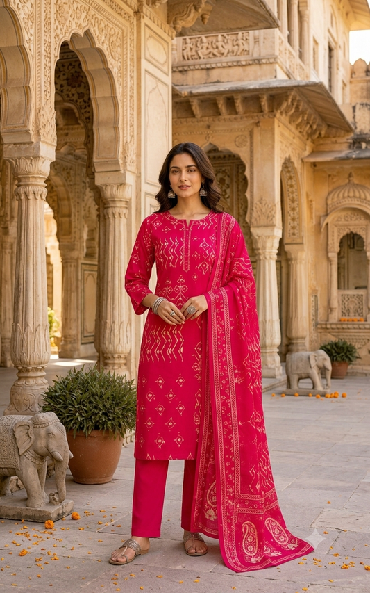 Vibrant Fuchsia Pink Printed Cotton Kurti Set With Matching Dupatta 12241
