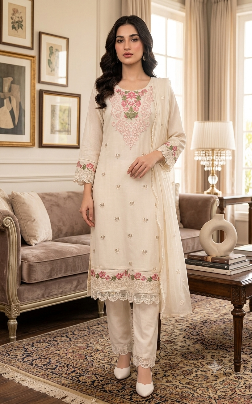 Elegant Off-White Embroidered Kurti Set With Dupatta 11544