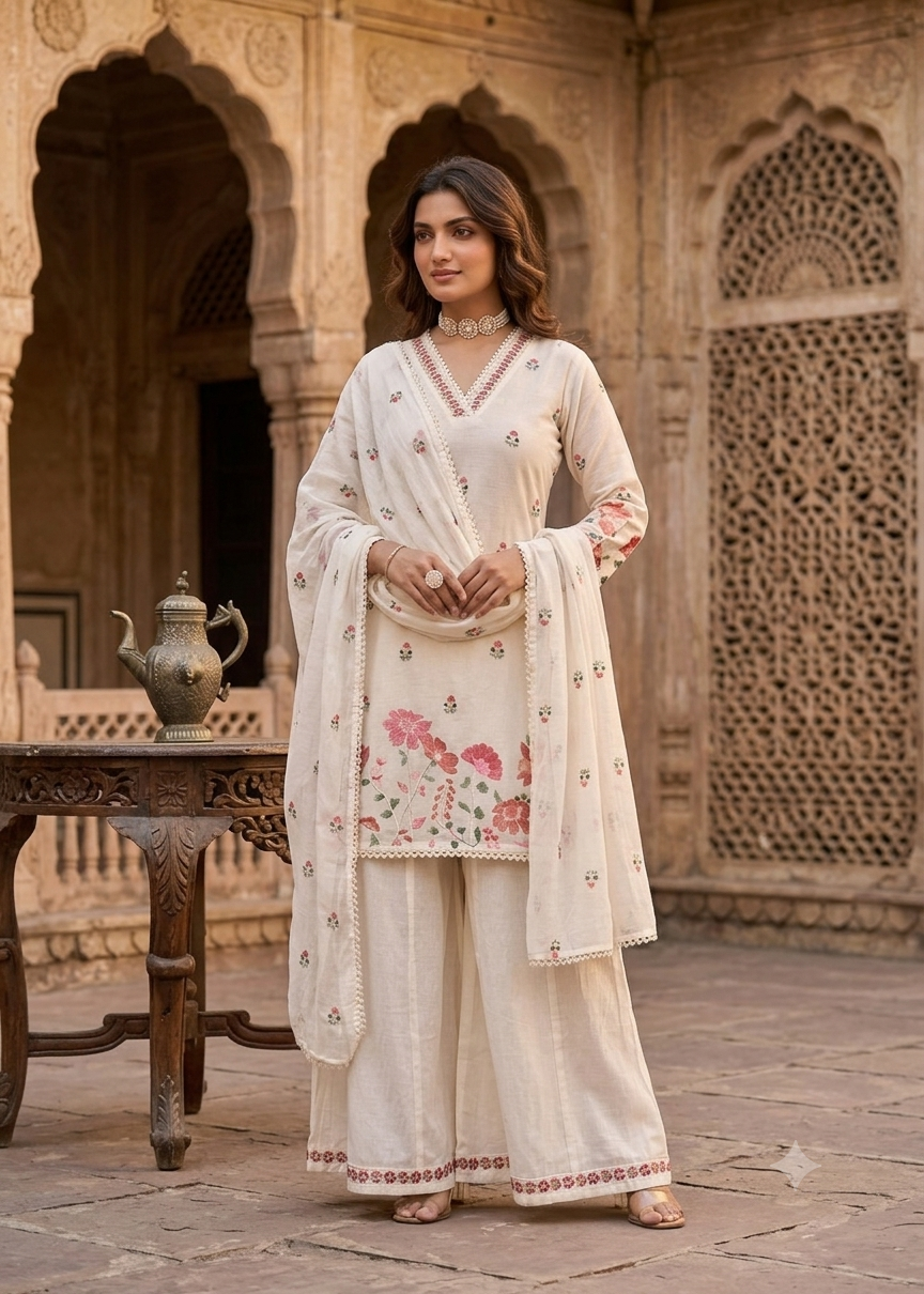 Off-White Floral Embroidered Kurti With Matching Sharara Set 11648