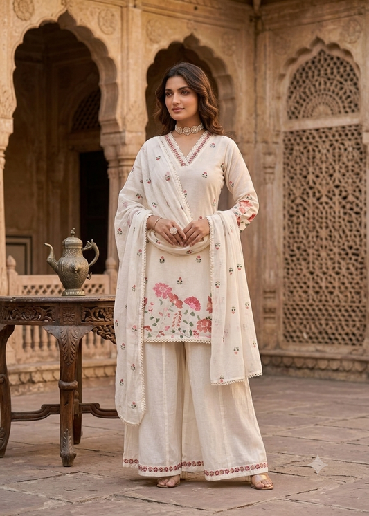 Off-White Floral Embroidered Kurti With Matching Sharara Set 11648