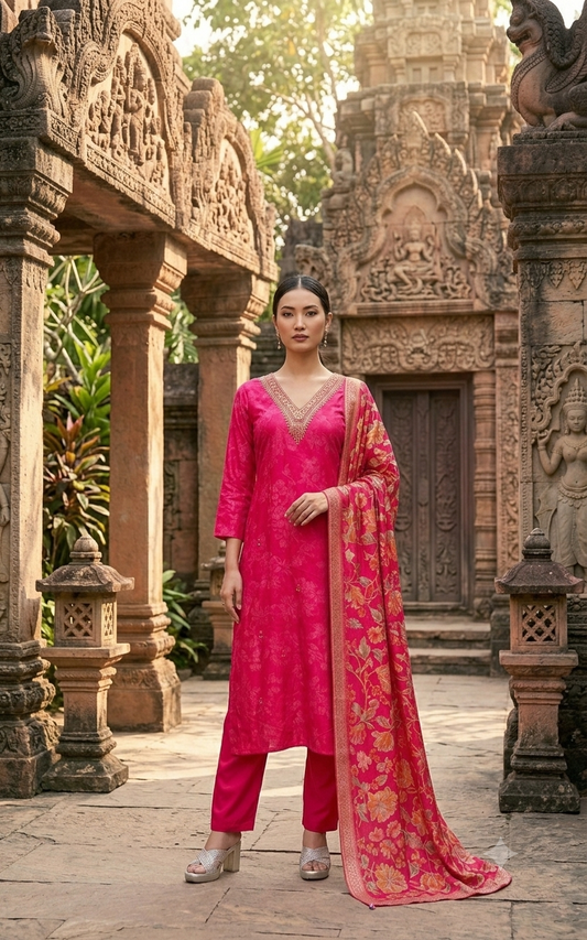 Vibrant Fuchsia Embroidered Cotton Kurti Set With Designer Floral Dupatta 10390