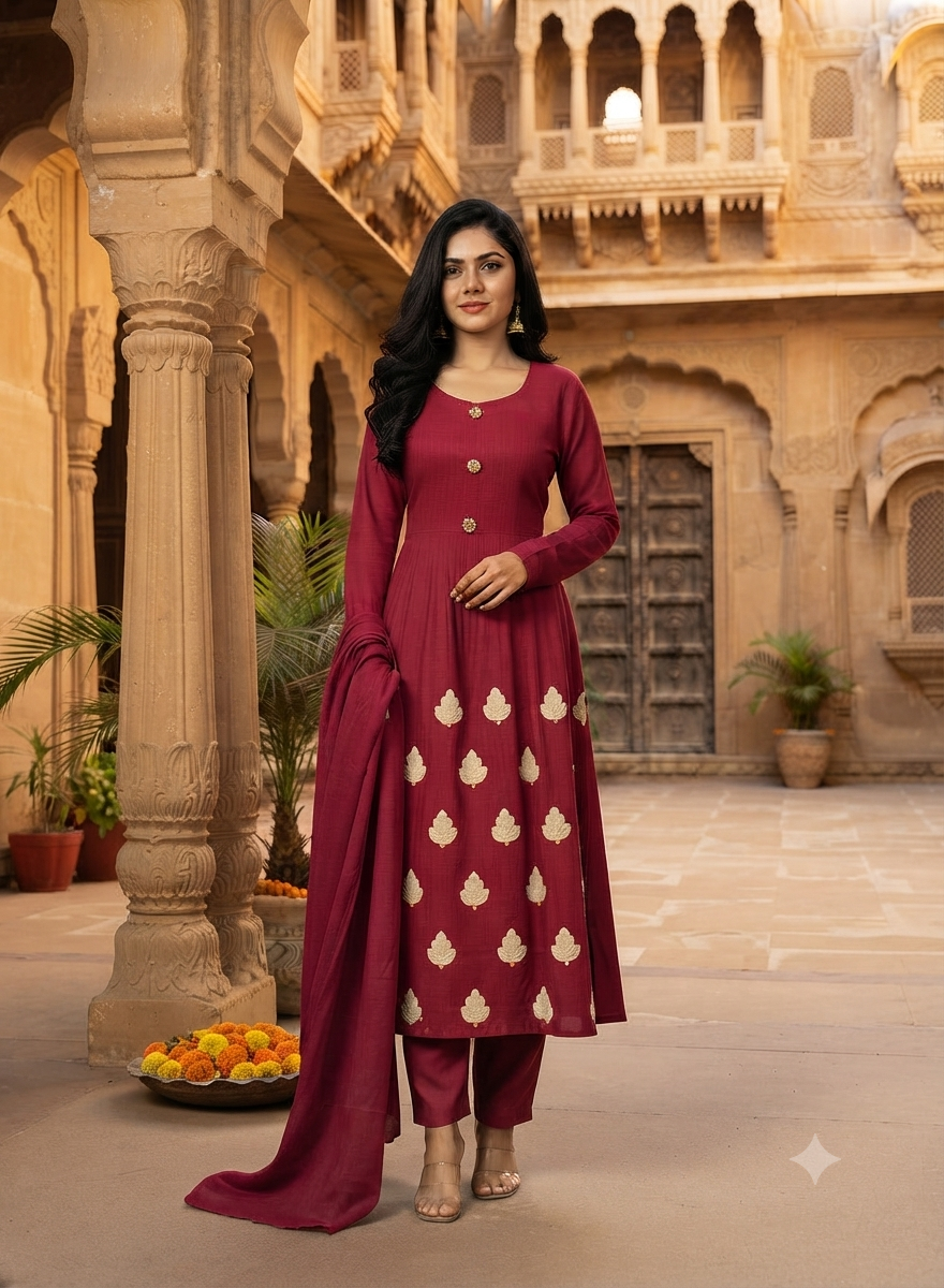 Deep Maroon Embroidered Cotton Kurti Set With Matching Trousers and Dupatta 13496