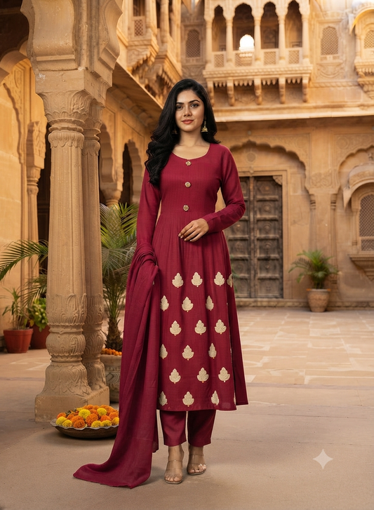 Deep Maroon Embroidered Cotton Kurti Set With Matching Trousers and Dupatta 13496