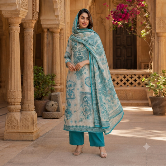 Teal Blue Printed Cotton Kurti Set With Matching Dupatta 13539