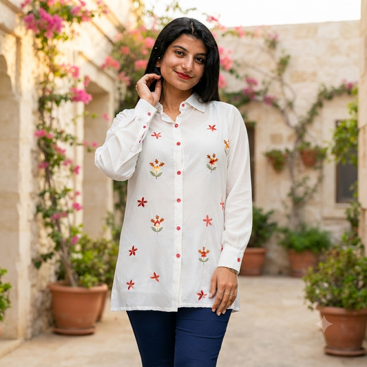 White Embroidered Casual Shirt 9355