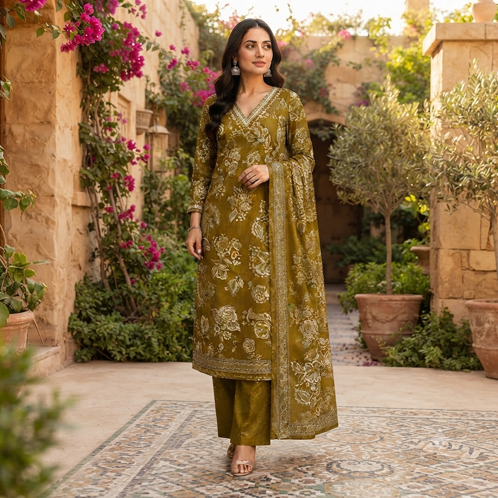 Olive Green Floral Print  Kurti Set With Dupatta  12713