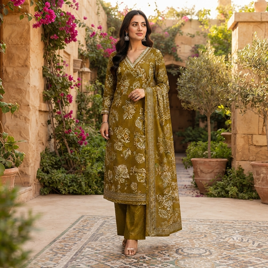 Olive Green Floral Print  Kurti Set With Dupatta  12713
