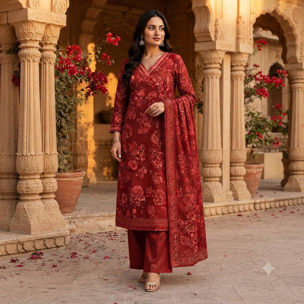 Deep Red Floral Print Kurti Set With Matching Dupatta 12713