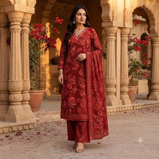 Deep Red Floral Print Kurti Set With Matching Dupatta 12713
