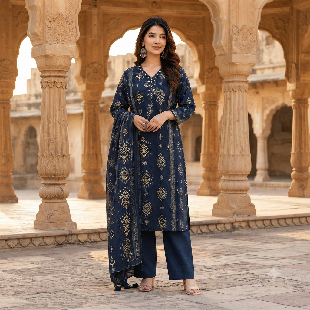 Navy Blue Printed Kurti Set With Matching Dupatta 12781