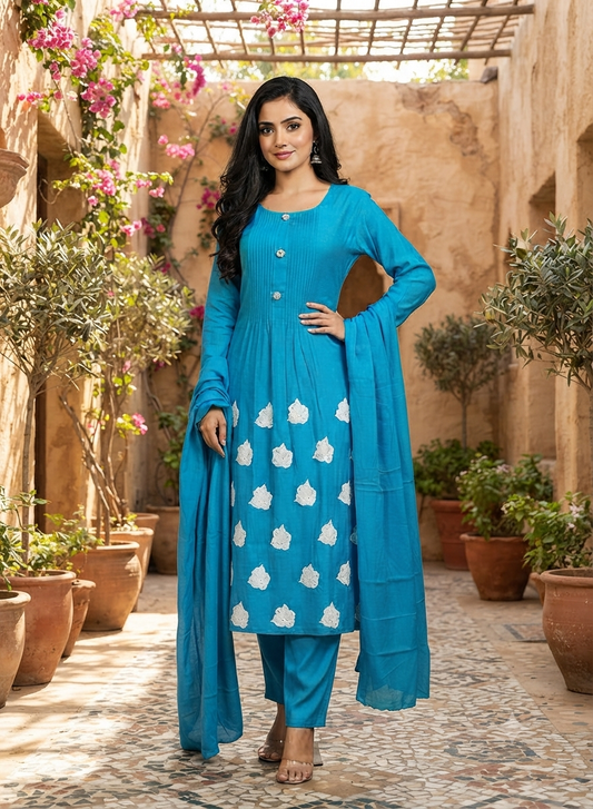 Vibrant Blue Embroidered Cotton Kurti Set With Matching Dupatta 13496