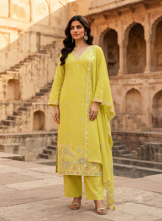 Lime Green Embroidered Kurti Set with Matching Dupatta 12901