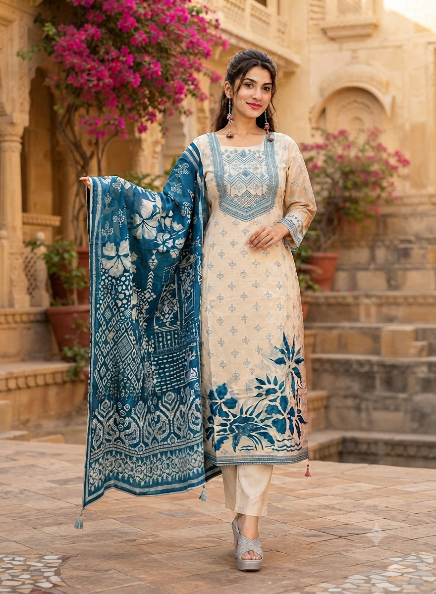 Cream and Blue Printed Cotton Kurti Set With Matching  Duppatta 11736