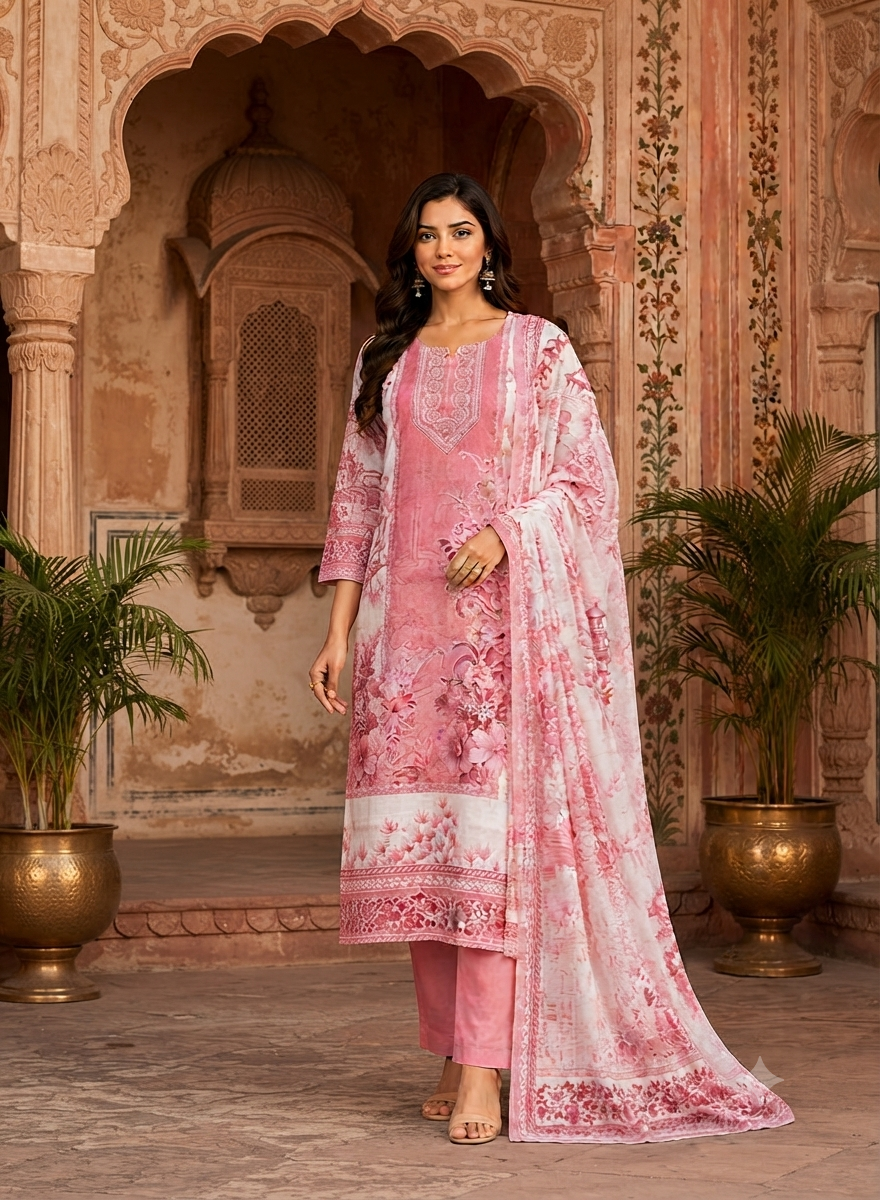 Floral Print Pink Kurti Set With Matching Dupatta 13515