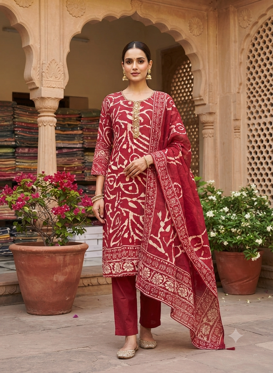 Maroon Batik Print Cotton Kurti Set With Matching Dupatta 508