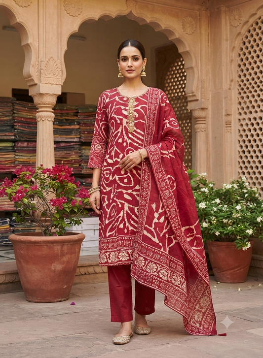 Maroon Batik Print Cotton Kurti Set With Matching Dupatta 508
