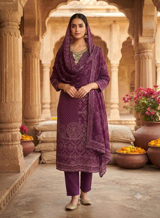 Deep Purple Bandhani Print Kurti Set With Dupatta  502