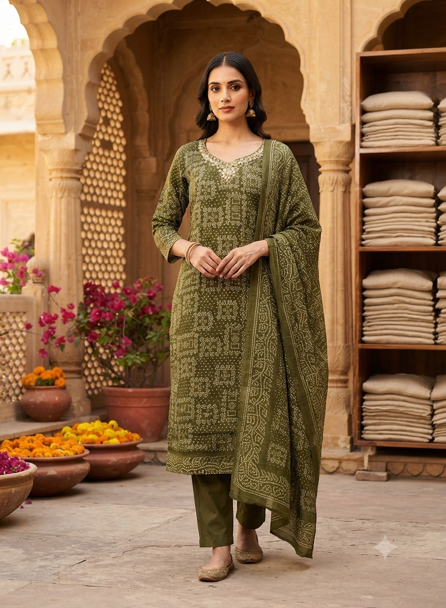 Olive Green Bandhani Print Cotton Kurti  Set With Dupatta 694