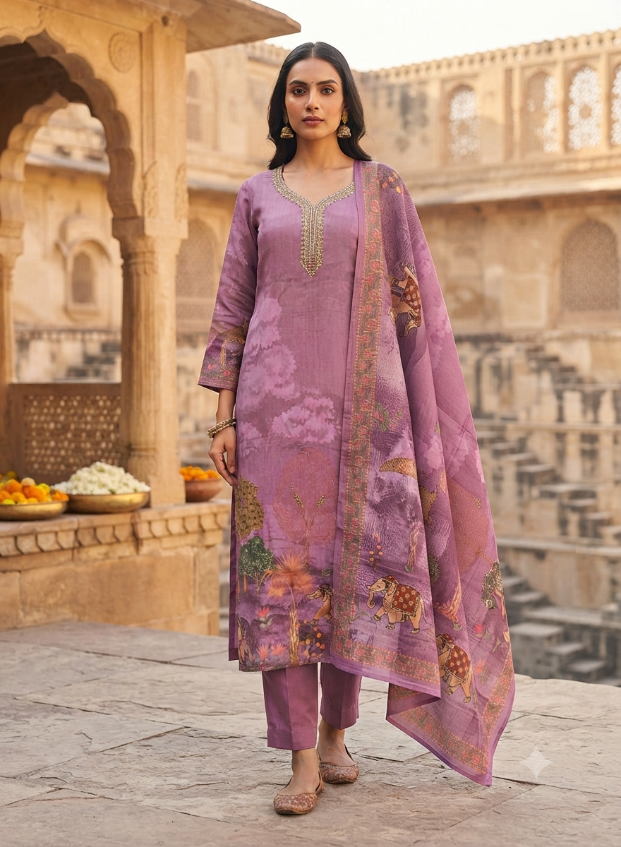 Mauve Floral Kurti Set With Intricate Details And Matching Dupatta 174
