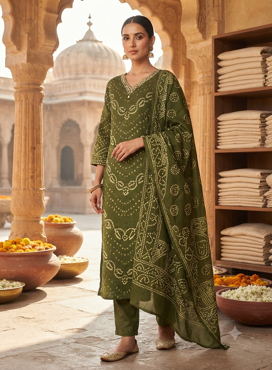 Olive Green Bandhani Print Kurti Set With Dupatta 176