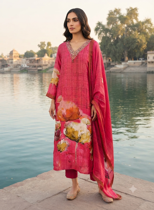Fuchsia Floral Printed Kurti Set for Women with Traditional Neckline and Flowing Dupatta 373