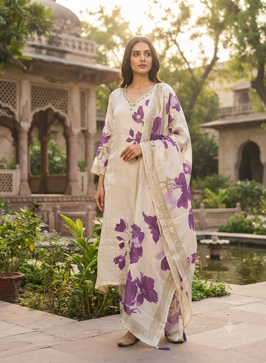 Cream and Purple Floral Kurti Set for Women With Detailed Ethnic Neckline Design 175