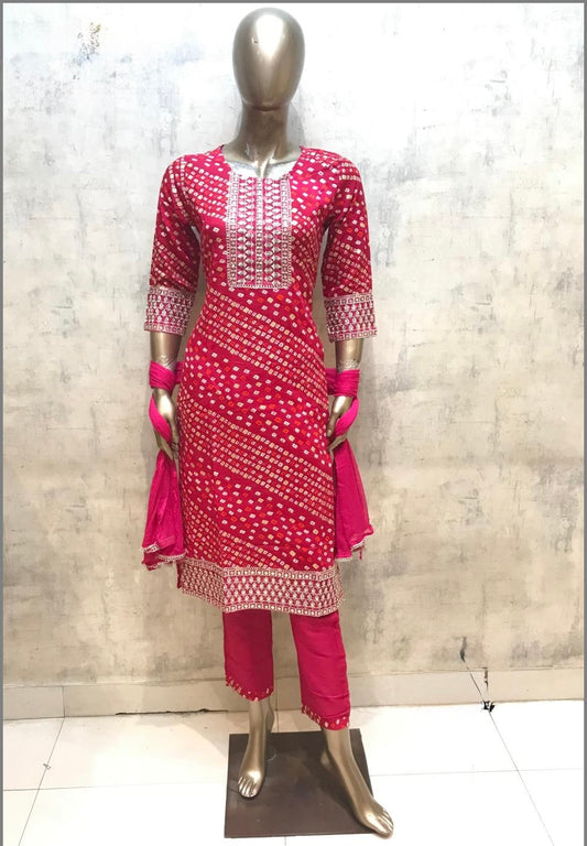 Pink Chunari Print Straight Kurta With Pant & Dupatta