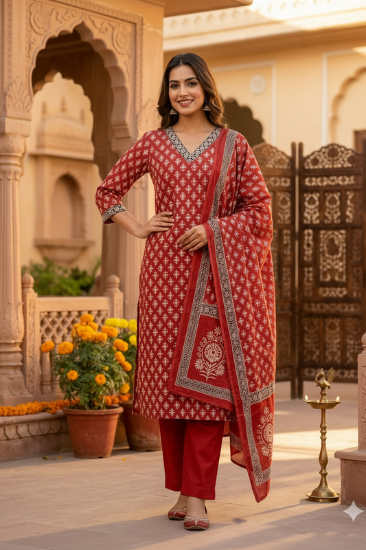 Rust Coloured Printed Cotton 3 Piece Suit