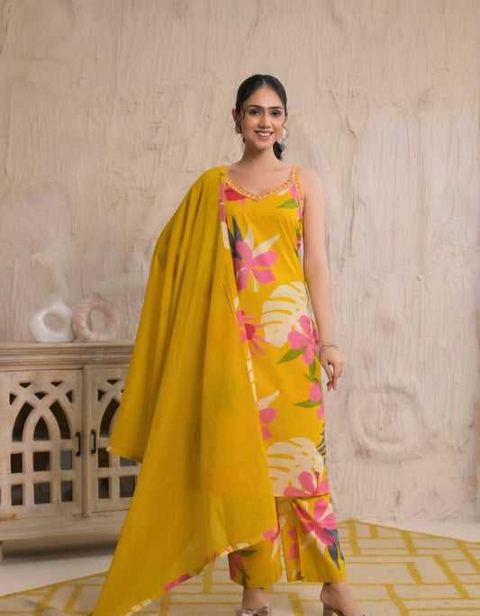 Mustard Printed Cotton Straight Suit With Dupatta